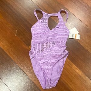 Becca Swim purple crochet one-piece bathing suit